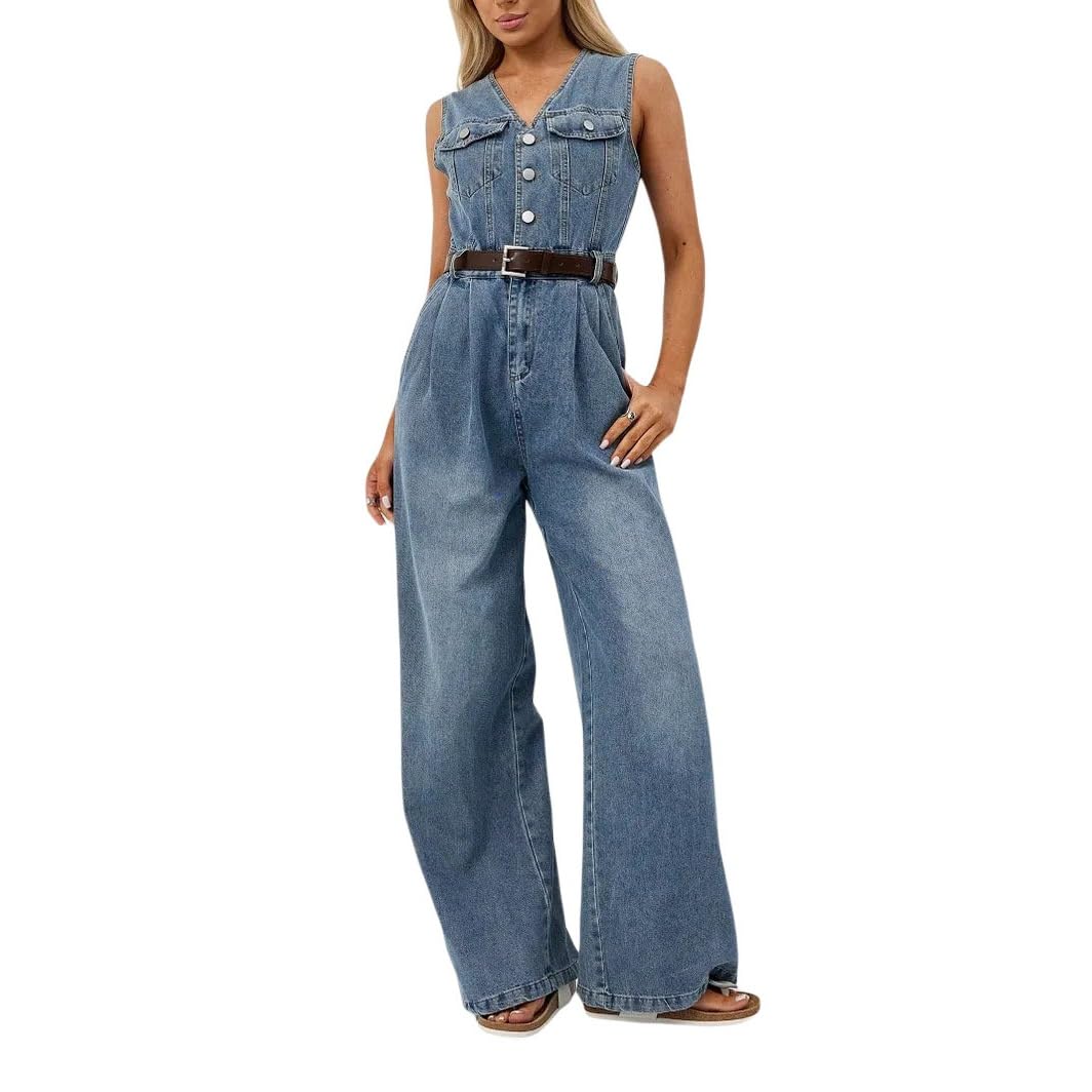 Combinaisons En Jean Sexy Pour Femmes Col En V, Sans Manches Jambes Larges