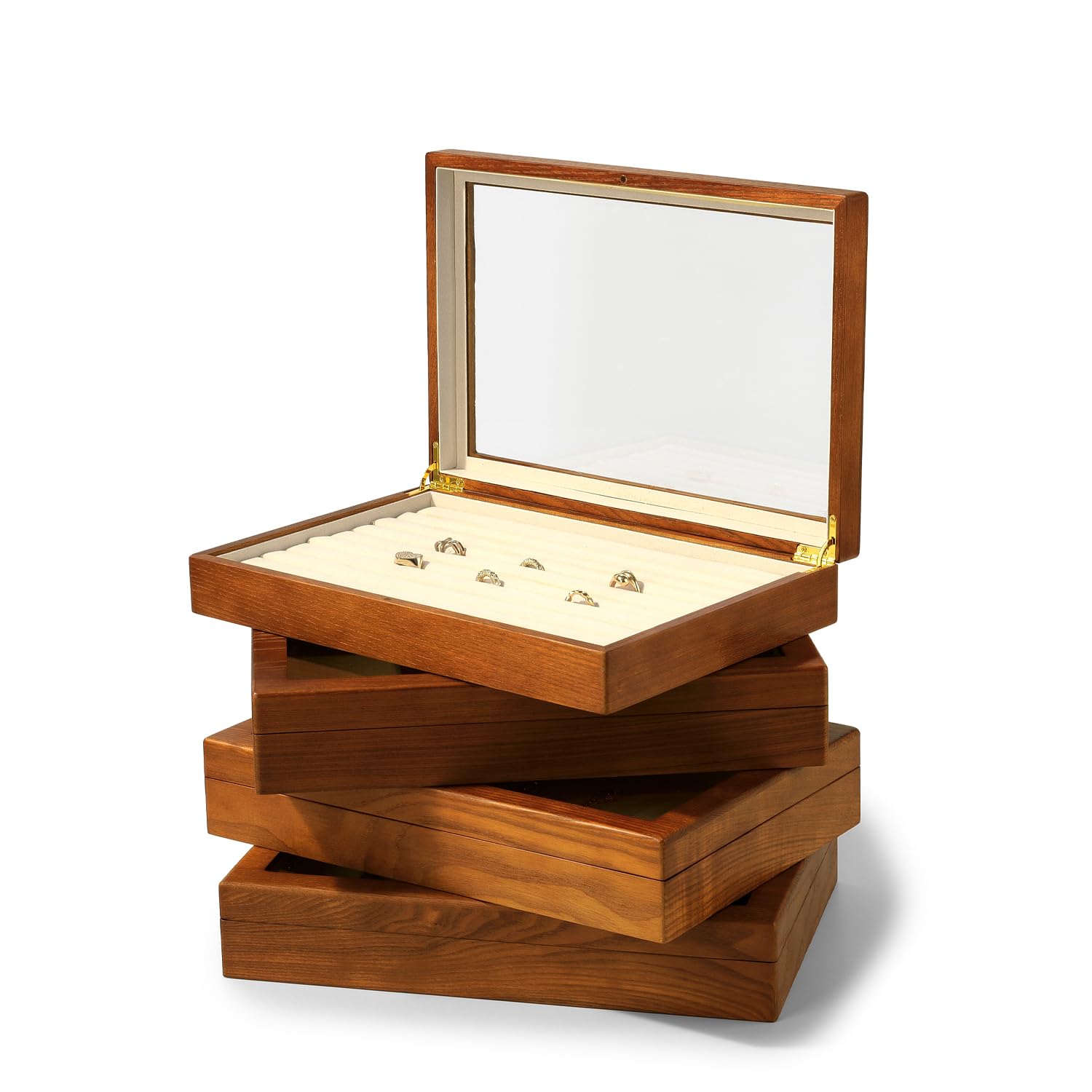 Oirlv Legno Massiccio 9 Slot Scatole Per Gioielli Per Anello Orecchini Storage Box, Scatola Di Gioielli Signore, Scatola Espositiva,Portaoggetti(Bianco Crema)