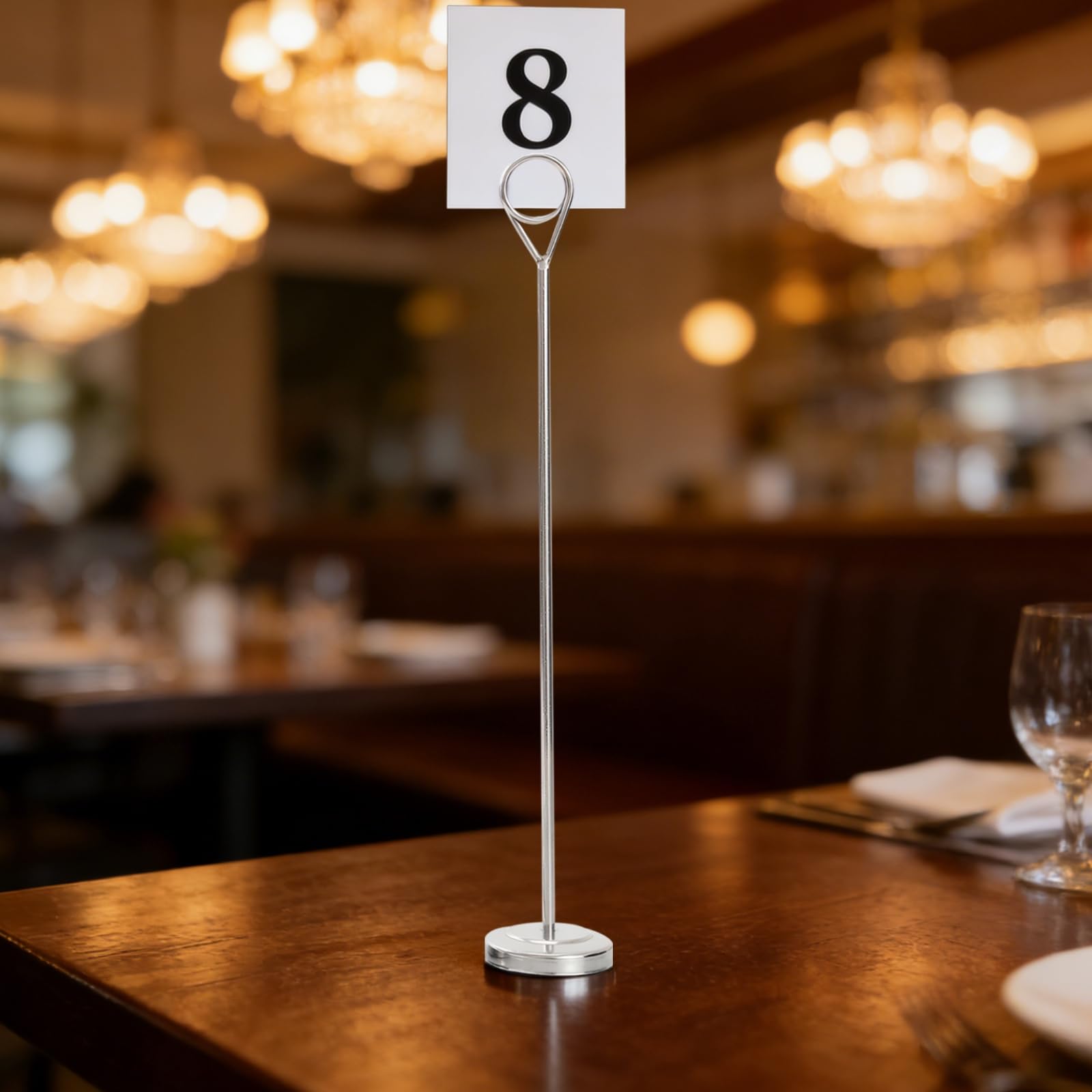 Generisch 5 soportes para números de mesa de acero inoxidable, altura 31,5 cm, soporte para tarjetas de mesa de restaurante, para bodas, fiestas, color plateado