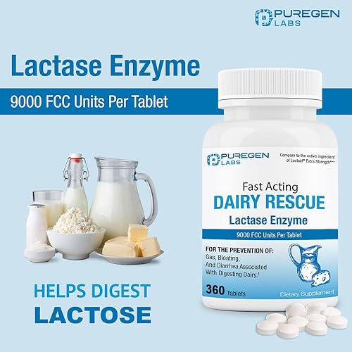 Miniatura 5 de Puregen Labs - Enzima de lactasa de acción rápida 9000 FCC, píldoras de intolerancia a la lactosa 360 tabletas