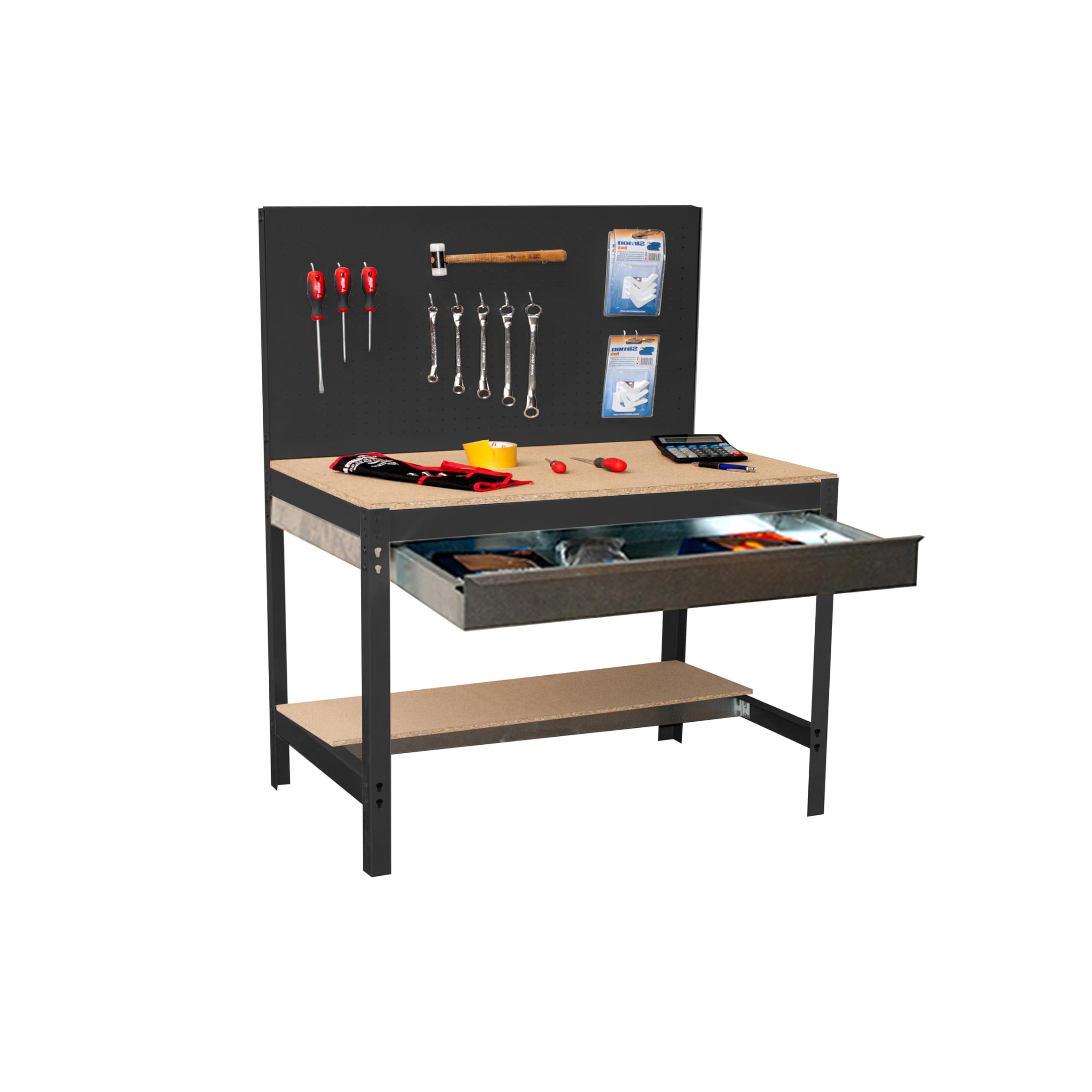 Simon Rack Banco de Trabajo con Panel Perforado y cajón 1210x610 mm - BT2 | Panel Perforado y Cajón, Tablero madera 16 mm, Capacidad Carga 600 kg, Antracita , Pintura anticorrosión