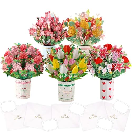moin moin メッセージ カード 5種 アソート ミニカード + 封筒付 セット/ハート 薔薇 ローズ 百合 ゆり 母の日 花束 花 フラワー ブーケ リボン ハート 360度 3D 飛び出す お祝い ポット 入 ピンク レッド イエロー ホワイト