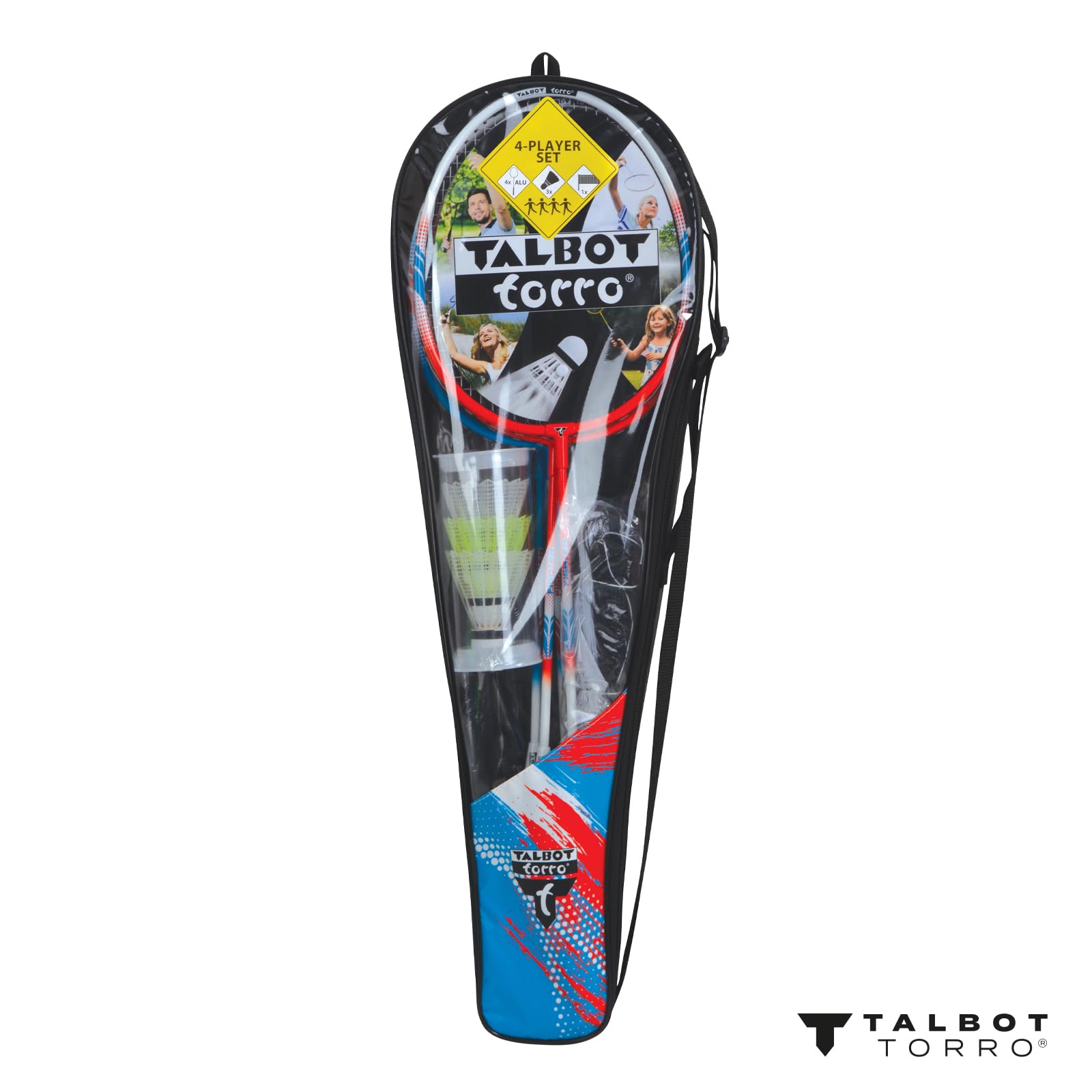 Talbot Torro Badminton-Set 4-Fighter Komplettset mit 4 ALU-Schläger 3 Federbälle Netzgarnitur Tasche