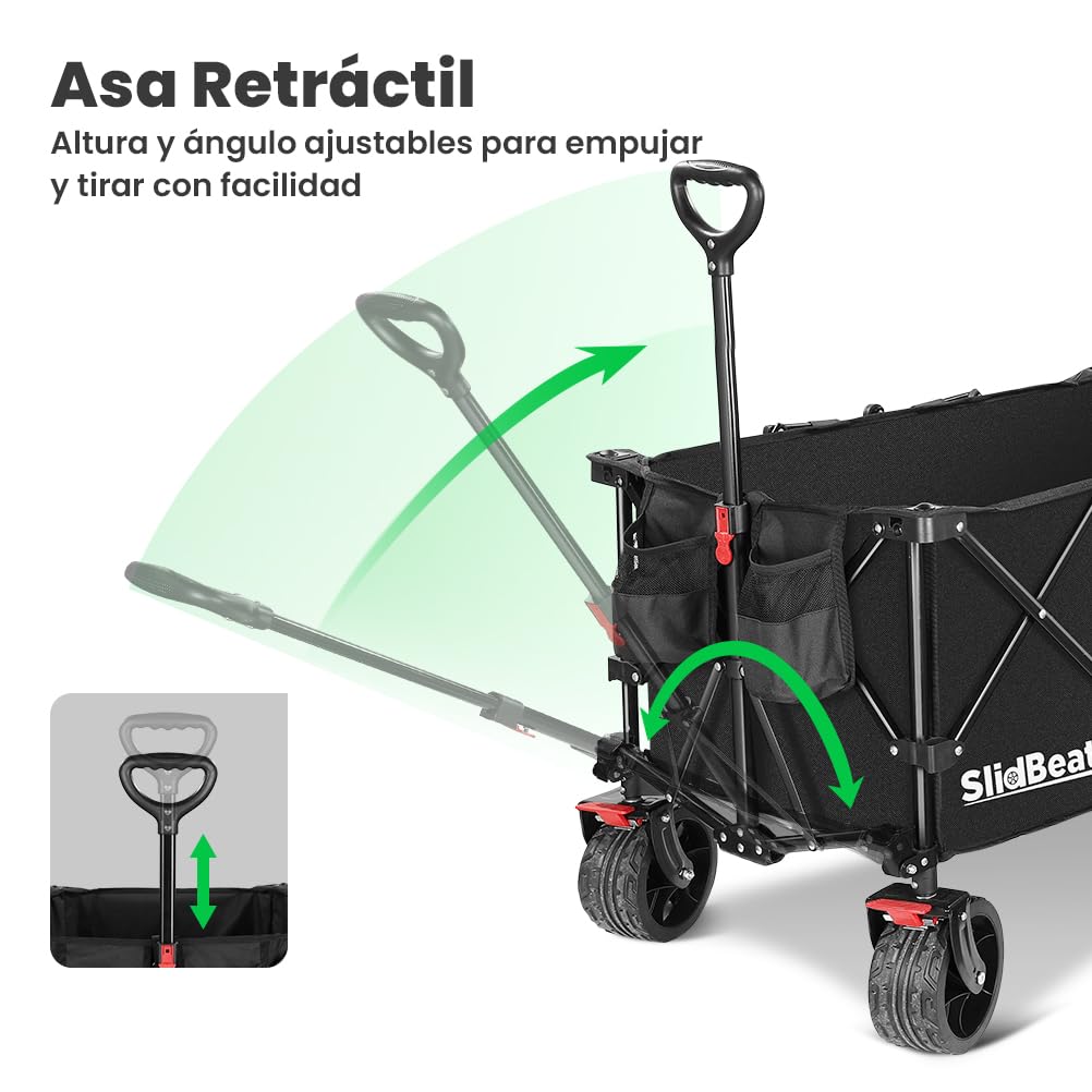 SLIDBEAT Carro de Transporte Plegable Todo Terreno – 226kg/300L, Estructura Triangular, Ruedas de 18cm con Frenos y Lona 600D Impermeable, Jardín, Playa, Camping, Compras y Vacacione