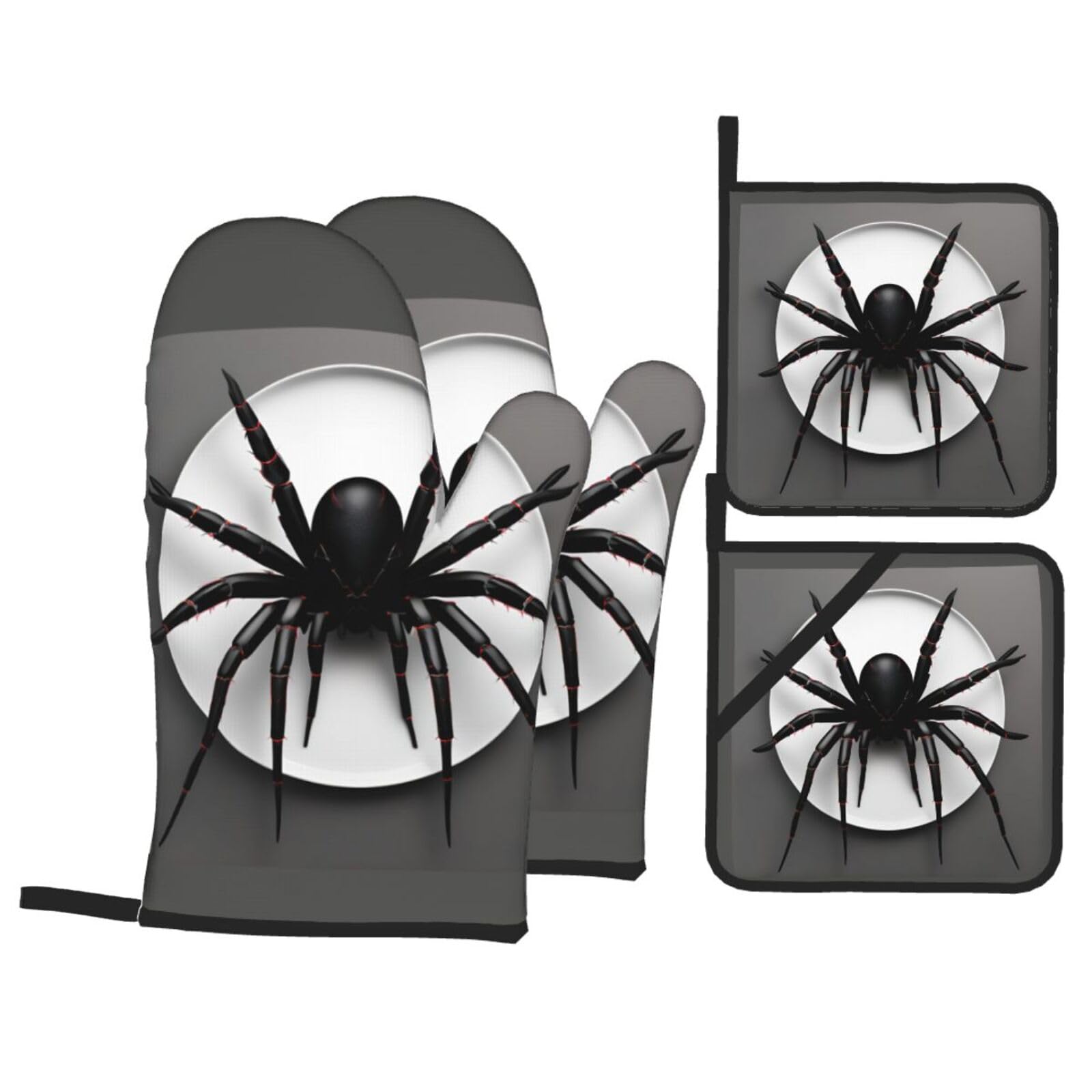 Nimongt Black Spider Print Heat-Resistant 4-Piece Oven Kitchen Gloves For Baking Cooking Microwaving Essentials