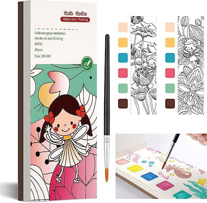 Requita Watercolor Painting Books for Beginners, Pocket 20 Pages Book with 1 Paint Brush, Hours of Painting Fun for Children,Sheet Cartoon Watercolor Paint Book Gift for Kids