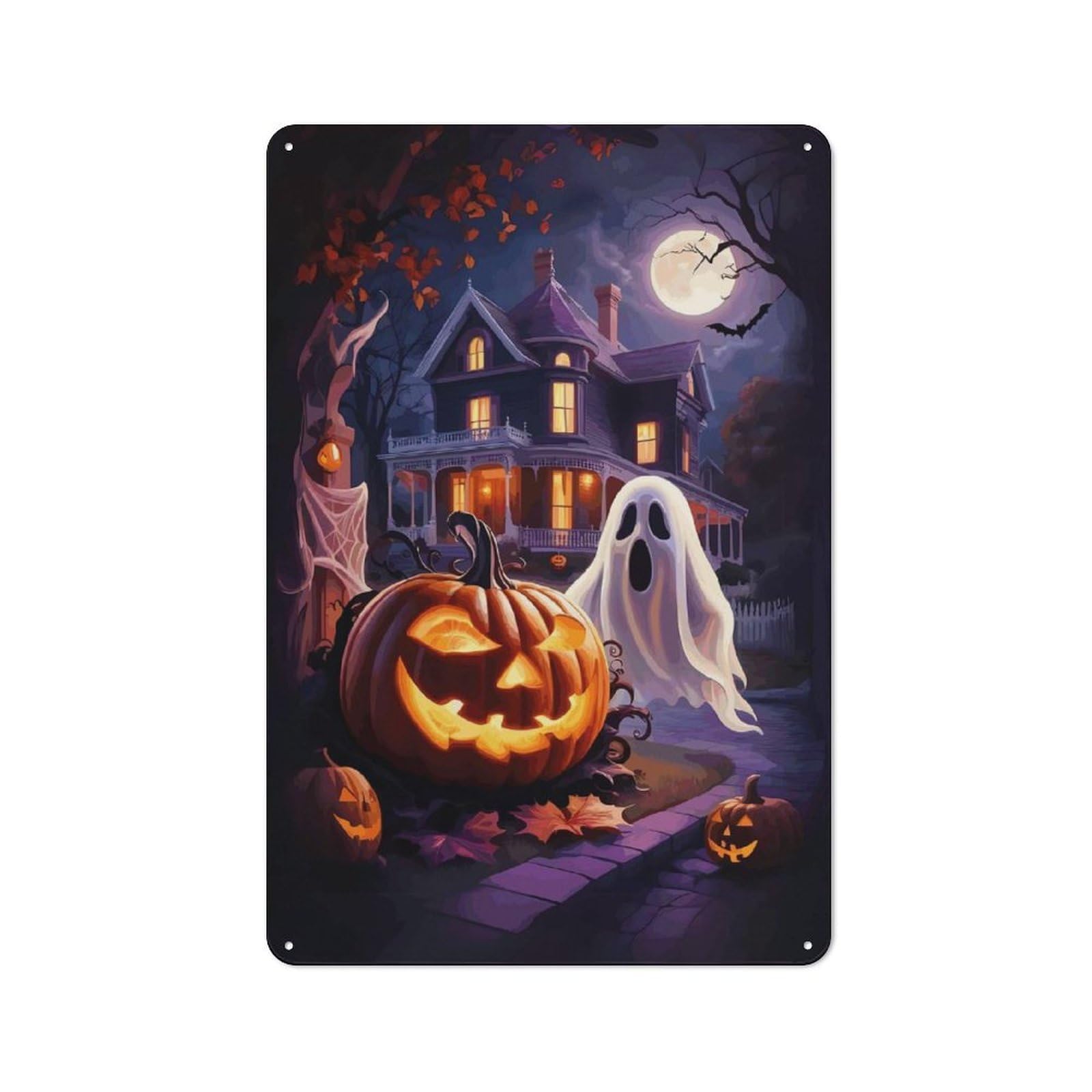 Junmoney Halloween Pumpkin & Ghost 30X20cm Rustic Metal Sign With For Hobby Room Or Studio, Metal Sign Decor For Hobby Rooms And Studios