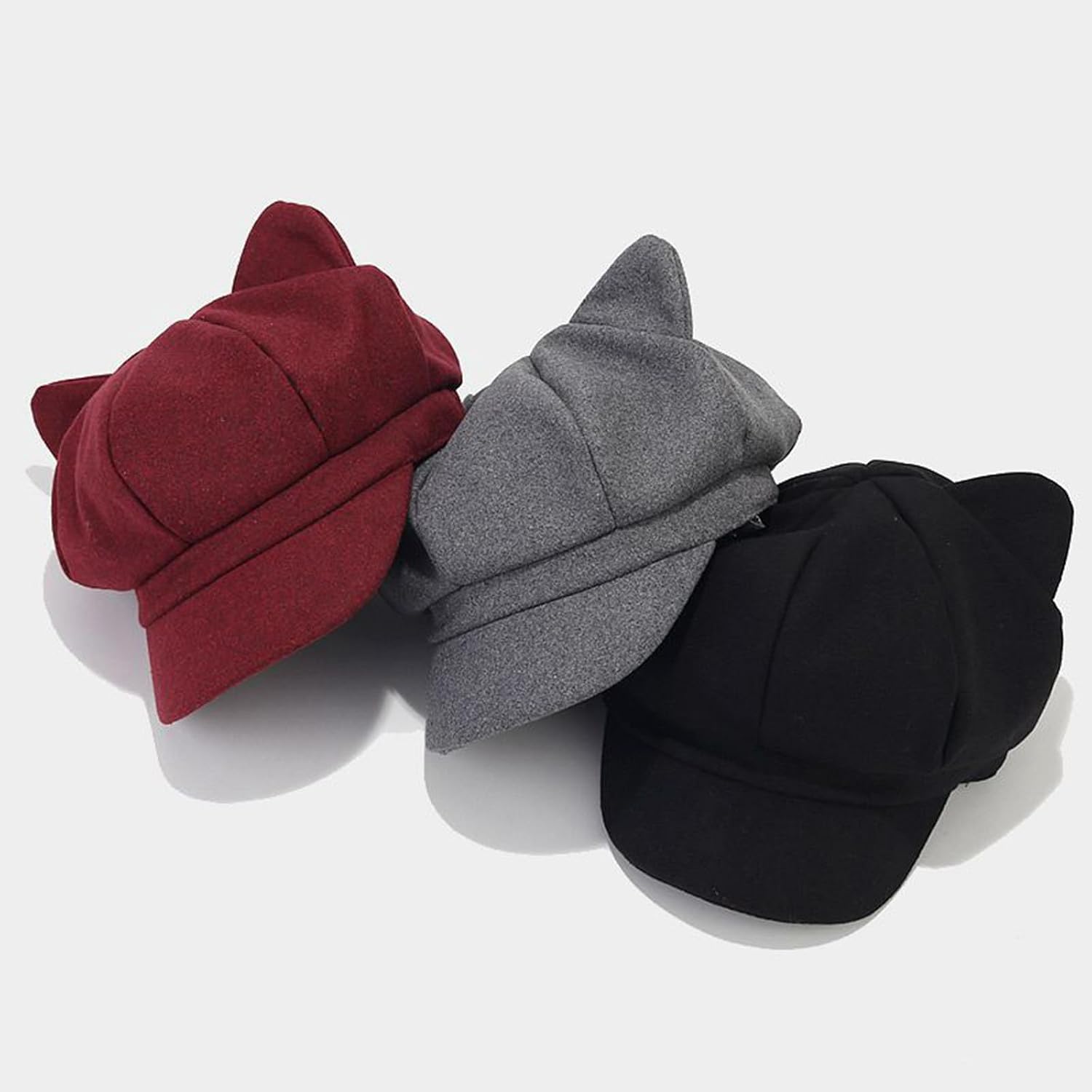 Newsboys Beret Hat for Women Breathable Woolen Cabbie Hat Y2K Cool Girl Cat Ear Octagonal Cap Subculture Headwear Dark Grey