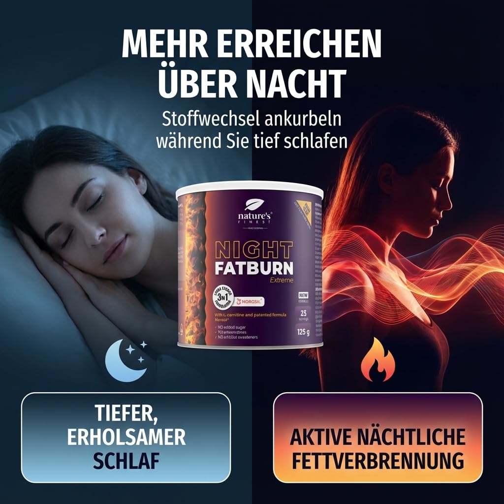 Nature's Finest Night Burn Extreme, Trinkpulver 125 g | Mit Morosil (Rot-Orangenextrakt), L-Carnitin und Baldrian