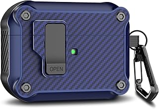 R-fun Airpods Pro 2nd Generation Case Cover 2022 for Men Women,Automatic Secure Lock Clip Hard Shell Rugged Protective for New Apple Airpods Pro Case with Carbon Fiber Keychain-Midnight Blue
