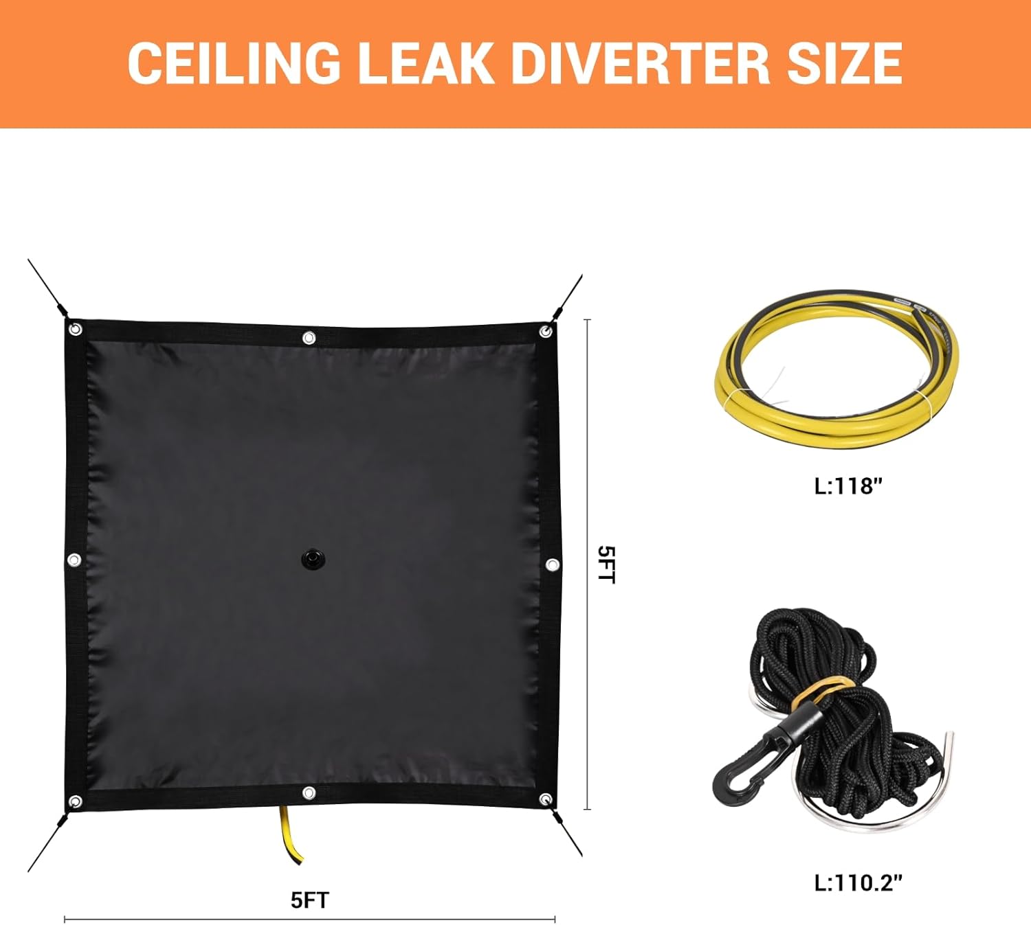 Ceiling Leak Diverter Tarp, Heavy Duty Tarp Waterproof with Drain Hose, Designed for Roof Drip and Rain Collection, Water Leak Diverter for Ceiling and Roof Protection,5x5 ft