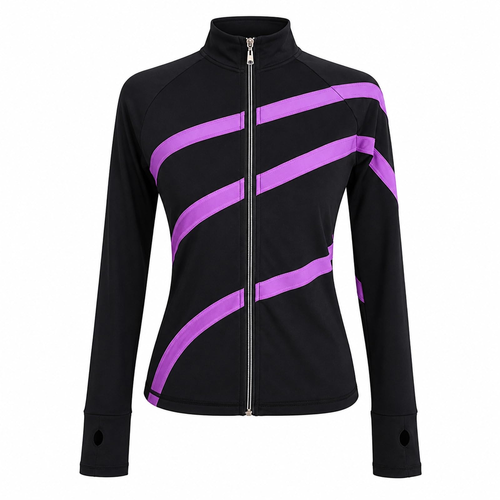 Damen Teen Eiskunstlaufjacke Reißverschluss Training Eisbahn | Stretchjacke mit Stehkragen, Daumenlöchern und Kontrastdetails for Eiskunstlauftraining