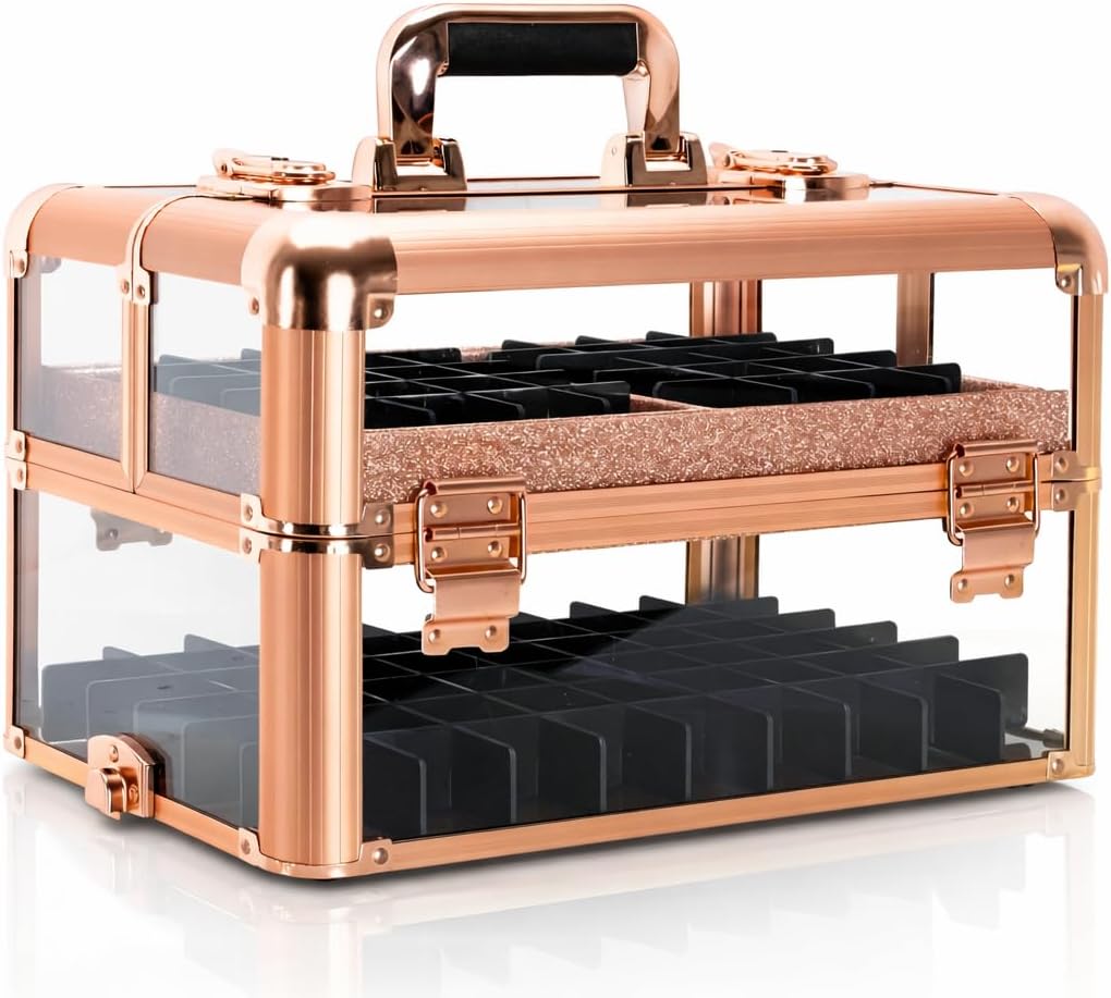 Ver Beauty Rose Gold Transparent Makeup Train Case with 94‑Bottle Foundation Holder, Aluminum Frame, Acrylic Organizer Box with Key Lock, Sliding Trays & Large Storage Compartment