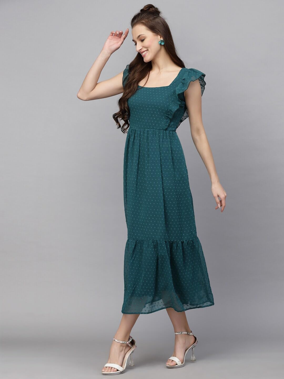 Avanova Georgette Jacquard Butti Rama Green Square Neck Knee Length Western Dresses For Women (Dress 89 Rama S)