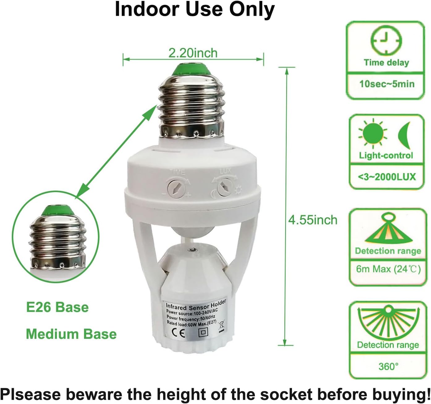 Motion Sensor Light Socket,E26/E27 Screw in Light Bulb Holder Adapter Light Control Indoor Only,Auto On/Off Motion Activated Light Socket for Porch Basement Storage Room