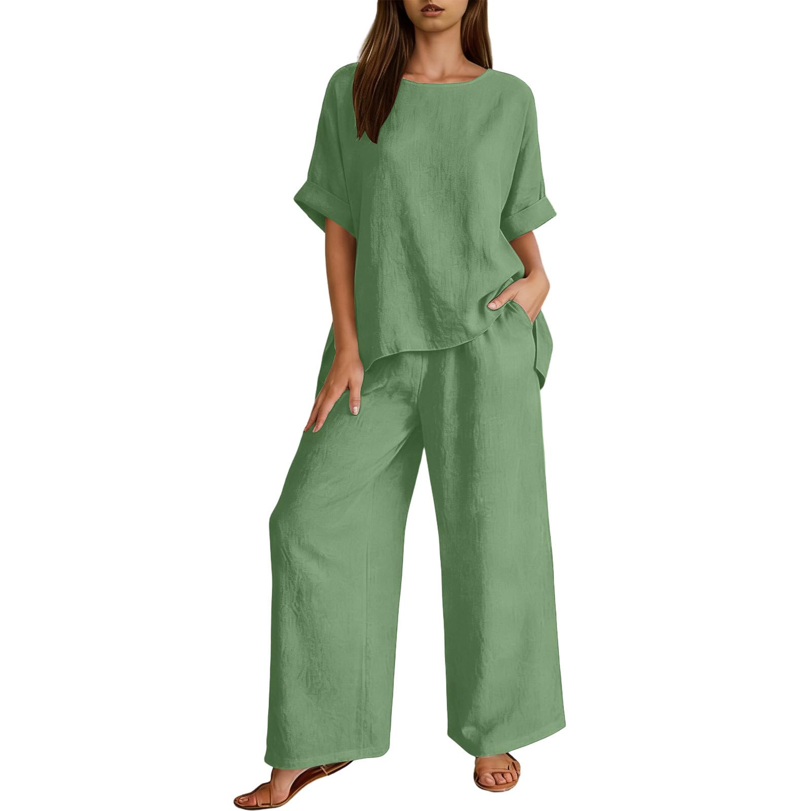 Ybing Leinenanzug Damen 2 Teiler Tracksuit Musselin Tshirt und Weite Bein Leinenhose Zweiteiliges Lose Baumwolle Leinen Sportanzug Leichte Loungewear Set Casual Sommer Outfit Freizeitanzug Homewear