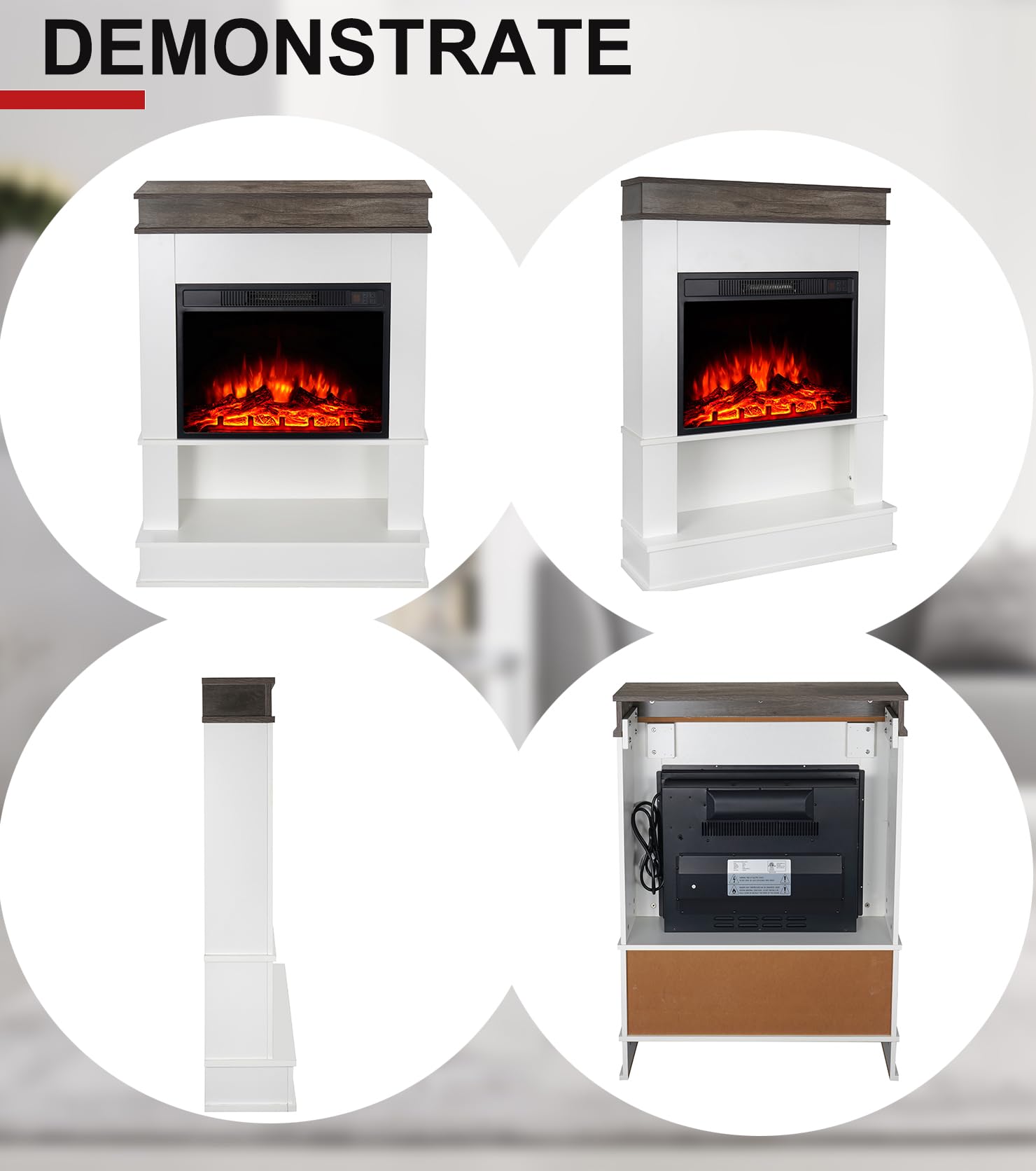 M.C.Haus Camino Elettrico con Ripiano, Caminetto da 23"/58cm Inserito, Ripiano Aperto e Piano D'appoggio, Caminetto con Finitura in Legno di Ingegnere, Rovere Rustico e Bianco