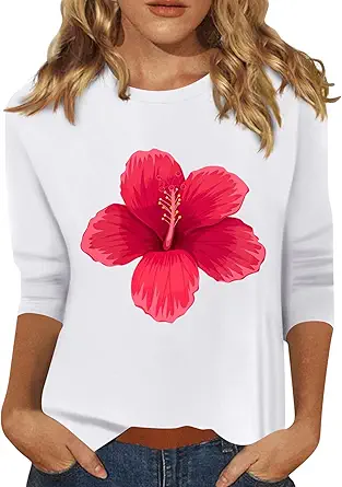 HTHLVMD Womens 3/4 Length Sleeve Tops 2025 Fall Fashion Floral Print Crewneck Causal Trendy Tunic Tops for Women