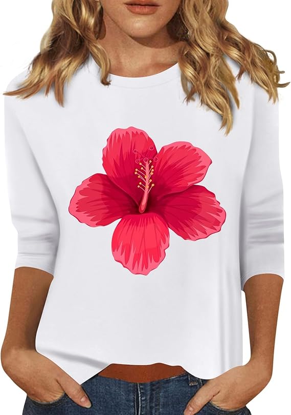 HTHLVMD Womens 3/4 Length Sleeve Tops 2025 Fall Fashion Floral Print Crewneck Causal Trendy Tunic Tops for Women