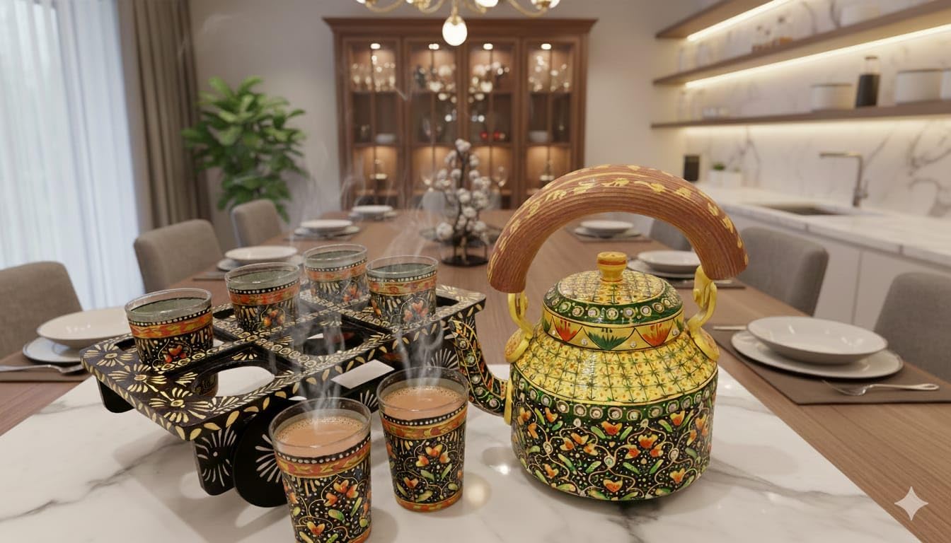 PinkCity Gifting Terosa Royale Kettle Set with 6 Glasses & Holder (Yellow) 2