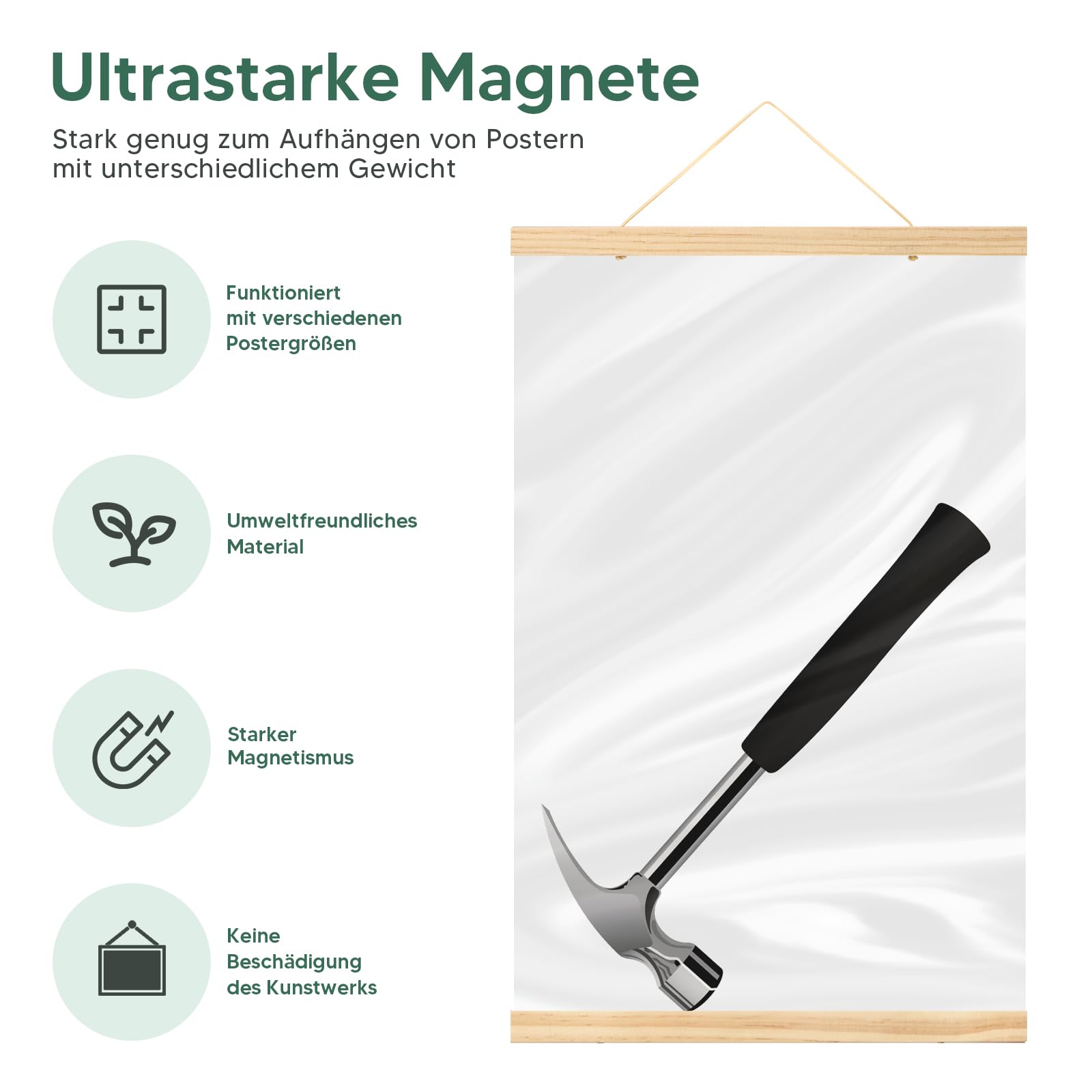 MUXHEL Set di 3 listelli per poster, formato A2, lunghezza 41 cm, guida magnetica per poster, poster in legno, poster per appendere foto, cornice