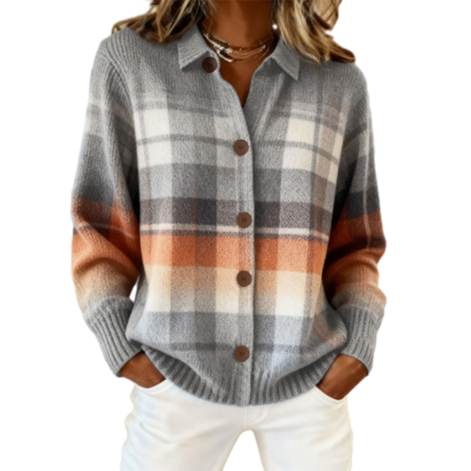 Womens Plaid Print Casual Cotton Buttoned Cardigan Sweater Plaid Cropped Sweater with Knit Cardigan Style
