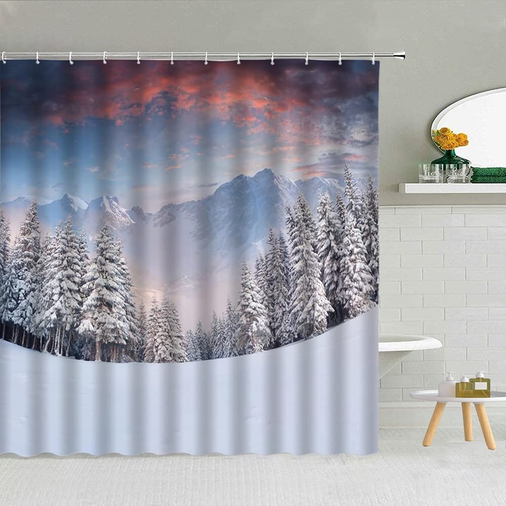 Tenda Da Doccia Invernale Con Paesaggio Innevato E Finestra In Legno, 180x180 Cm, In Poliestere Impermeabile, Stampa Digitale HD, Con 12 Ganci - copertina