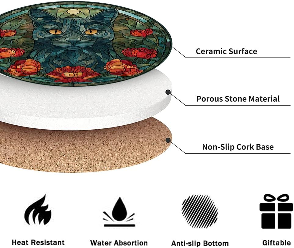 LOKMU Coasters for Drinks,Round Absorbent Ceramic Stone Coaster Sets of 6 with Metal Holder Stand,Stained Glass Cat and Flowers Coasters with Cork Base for Coffee Wooden Table,Housewarming Gifts image 3