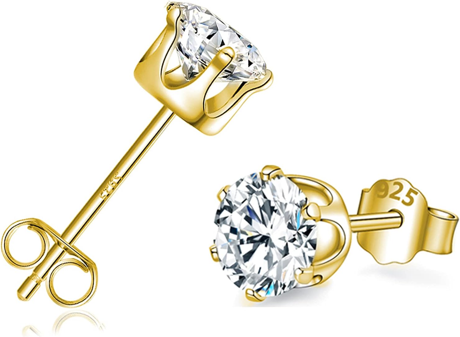 18K Gold Stud Earrings, 925 Sterling Silver Stud Earrings with AAAAA Cubic Zirconia, Hypoallergenic Sleeper & Cartilage Studs for Women Men Girls- Sizes 3/4/5/6/7mm, with Jewellery Bag