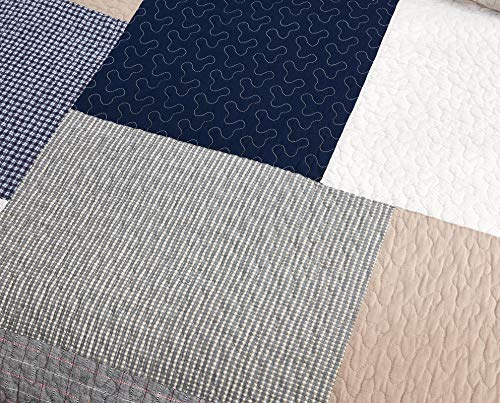 Chezmoi Collection Addy 3-Piece Navy Blue White Gray Taupe Plaid Patchwork Quilt Set - Pre-Washed Cotton Coverlet - Lightweight Reversible Bedspread, Queen Size #TOP2