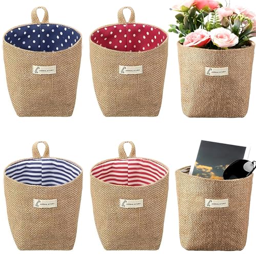 6 PCS Mini Hanging Storage Bags, Anberky Cotton Linen Small Storage Basket Wall Hanging Organizer Box Wall Mounted Storage Pocket Collapsible Decor Bin Bag with Handle for Wall Door Closet (#A)