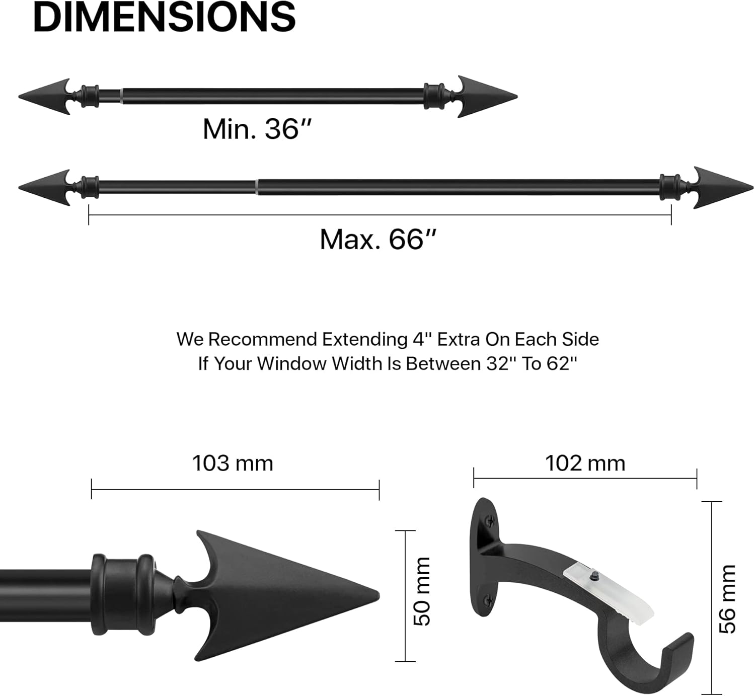 Deco Essential Pack Of 4 36"-66" Inch Adjustable Curtain Rod for Windows Extendable Iron Telescopic Door Drapery Rod with Brackets & Flat Arrow Finials (3/4" Dia, Black Matt)