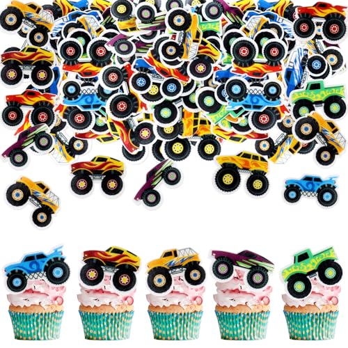 SGQTGIMU 40 Decoraciones comestibles para Tarta de Camiones Monstruo, cake topper para tartas infantiles, decoración para tartas con temática de Cars, decoraciones para tartas infantiles para cupcakes