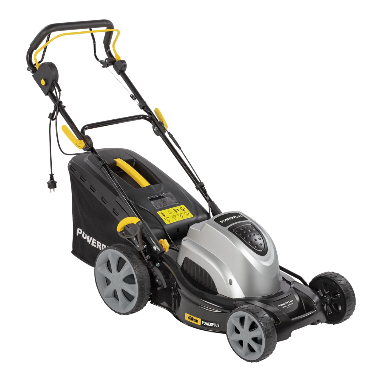 Powerplus Cortacésped Eléctrico POWPG6290 – Cortacésped de 1800W con Ø460 mm, Herramienta de Jardín con Caja de Recolección de 60L, Función de Mulching y Descarga Trasera