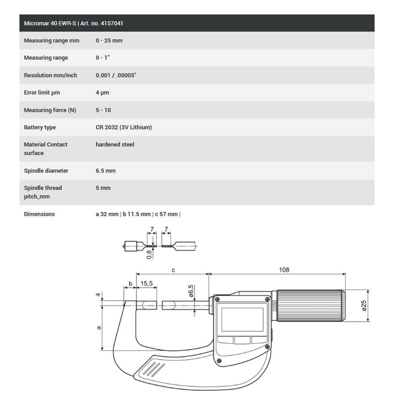 Micrómetro Digital de Exteriores 40EWR-S 4157041 0-25 mm 0,001/0,00005"