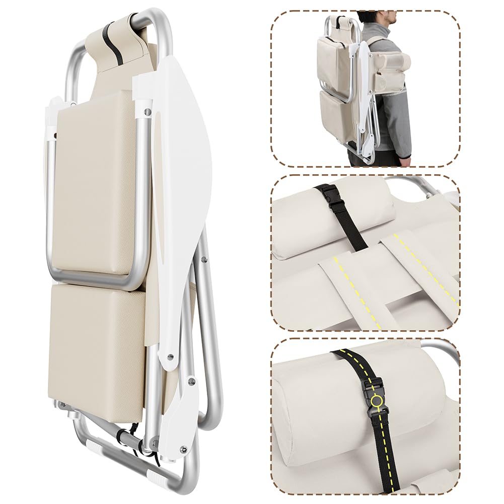 BAKAJI Sedia Pieghevole da Spiaggia in Alluminio con Tasca e Borsa Termica (Beige)