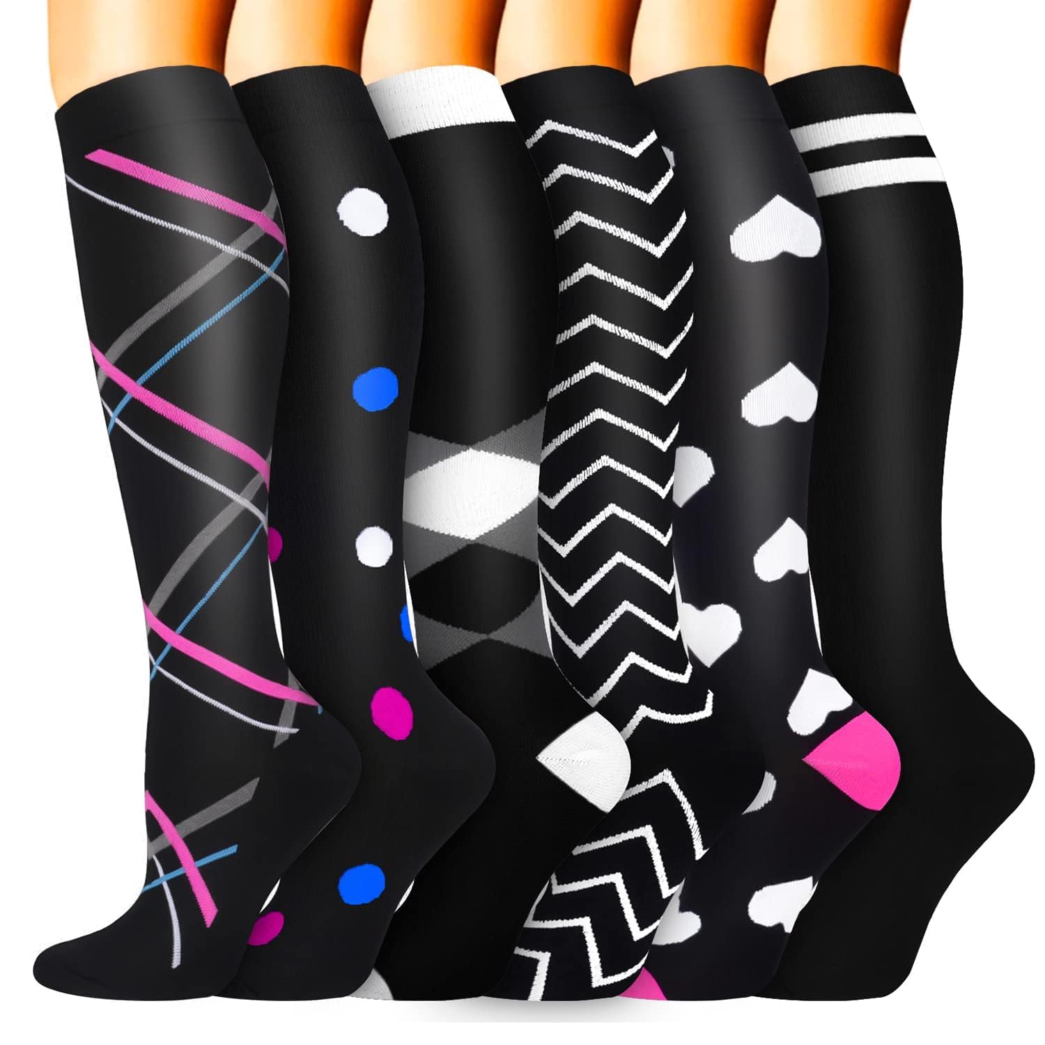 6 Paar Kompressionsstrümpfe für Damen und Herren, Bunte Kompressionssocken Stützstrümpfe für Laufen, Sport, Flug, Reise, Radfahren.04-multi-6 Paar L/XL