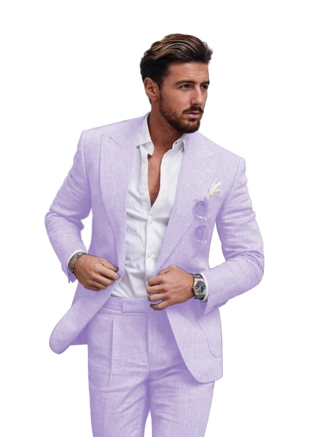 Men's Linen Suit 2 Piece Slim Fit Suit Summer Beach Wedding Suit Groosmen Prom Tuxedo Linen Blazer Pants Set