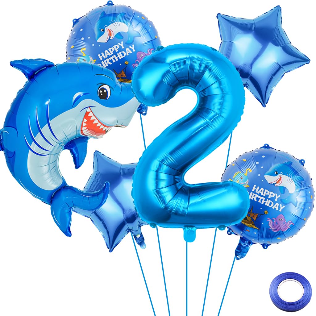 Liitata 2nd Shark Birthday Party Decoration Shark Birthday Balloon Set Blue Number 2 Foil Balloon Large Shark Balloon for Boy Birthday Party Theme Party Decoration