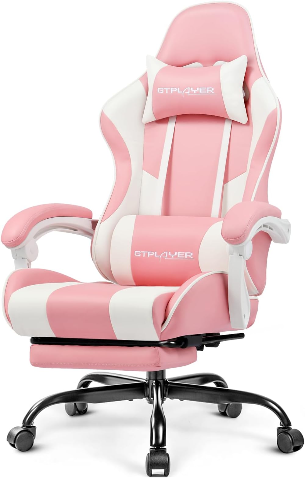 GTPLAYER #1USA Ergonomic Gaming Chair with USB Massage Cushion, Footrest & Armrests ? PU Leather Computer Video Game Desk Chair with Adjustable Lumbar Support & Headrest (GCC, Pink)