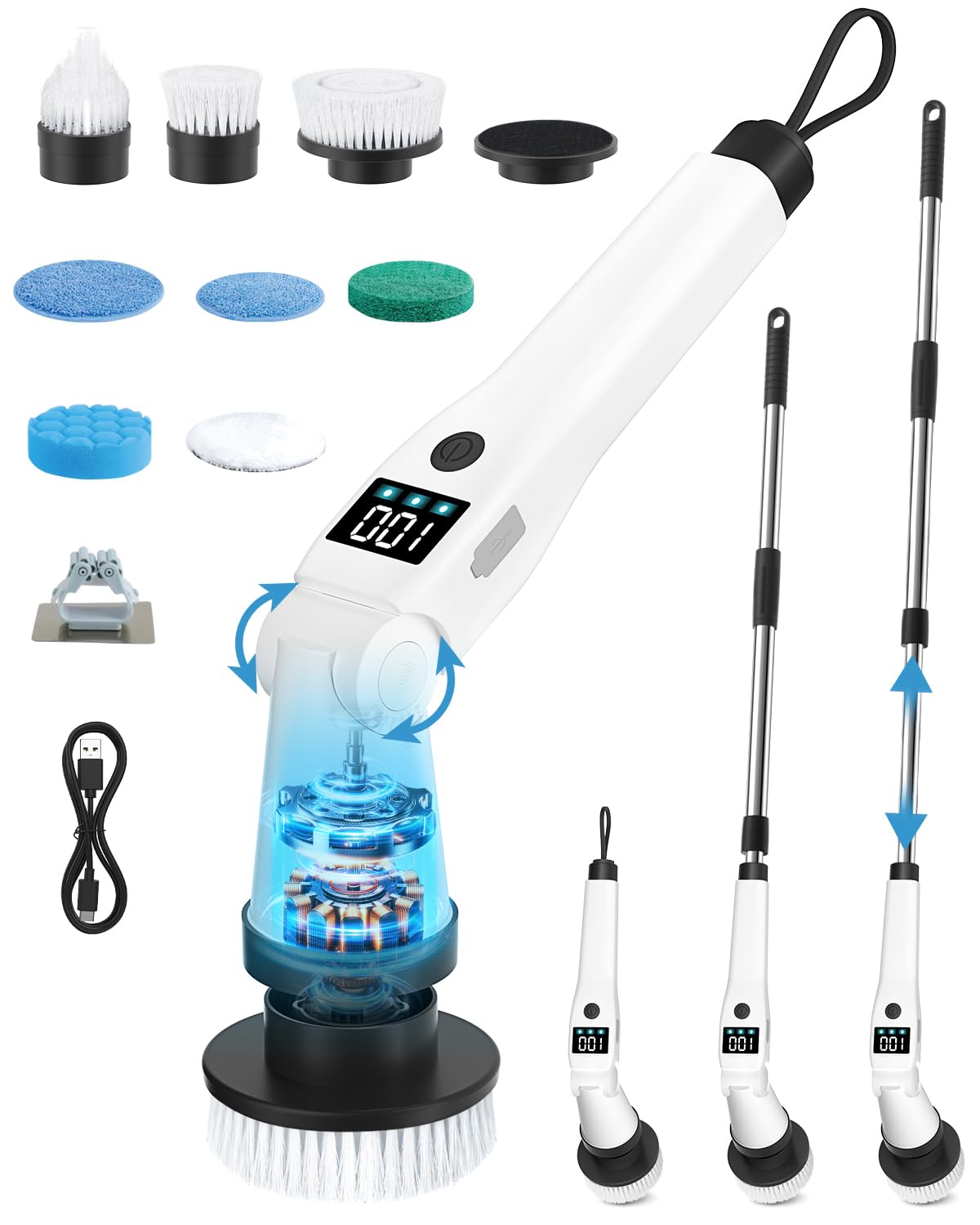 Lepwings Brosse de Nettoyage Électrique avec 8 Têtes Remplaçables, Brosse Rotative Puissante Rechargeable, 3 Vitesses, Manche Télescopique 35–135 cm, Étanche IP65 pour Salle de Bain, Cuisine, Voiture