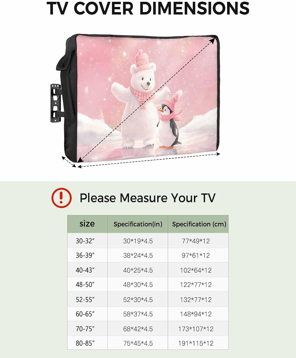 Christmas Bear Penguin Outdoor TV Cover 80"-85" - 600D Waterproof TV Cover Weatherproof TV Screen Protector Dustproof Winter Xmas Snowy Tree Pink TV Display Protector for Outside Flat Screen TV