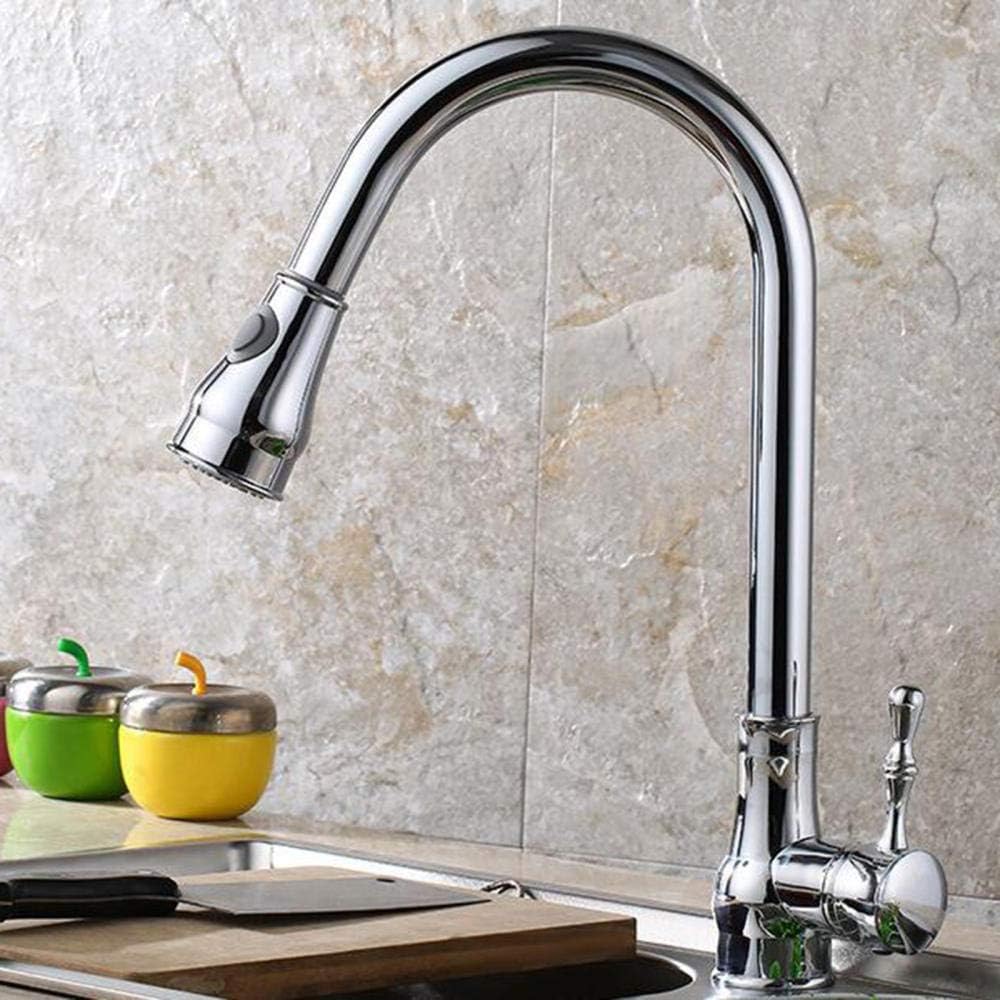 Kitchen Mixer Taps with Pull Out Spray Brass Rotary Hot and Cold Faucet Single Hole Single Handle Multi-Function Kitchen Sink Tap-Chrome