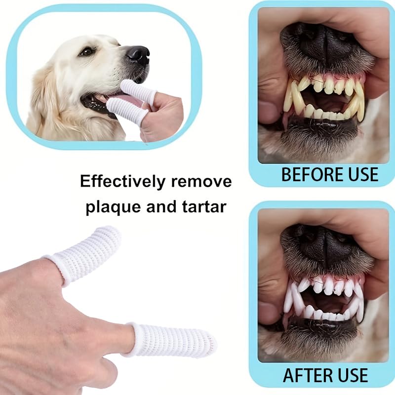Image of 10 Pcs Pet Finger Toothbrush - 360 Spiral Design with Knitted Polyester for Dogs & Cats, Gentle Dental Cleaning Finger Sleeve for Oral Care, Reusable Grooming Supplies