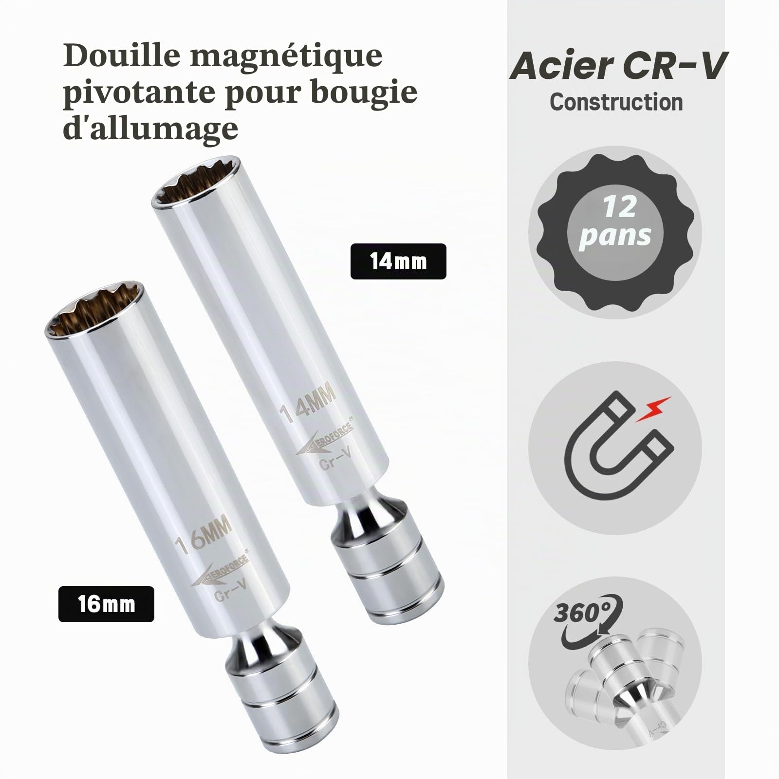 AEROFORCE Lot de 14 Douilles à Bougie d'allumage avec clé dynamométrique en Acier CR-V 3/8" (6,8 à 61,2 Nm)