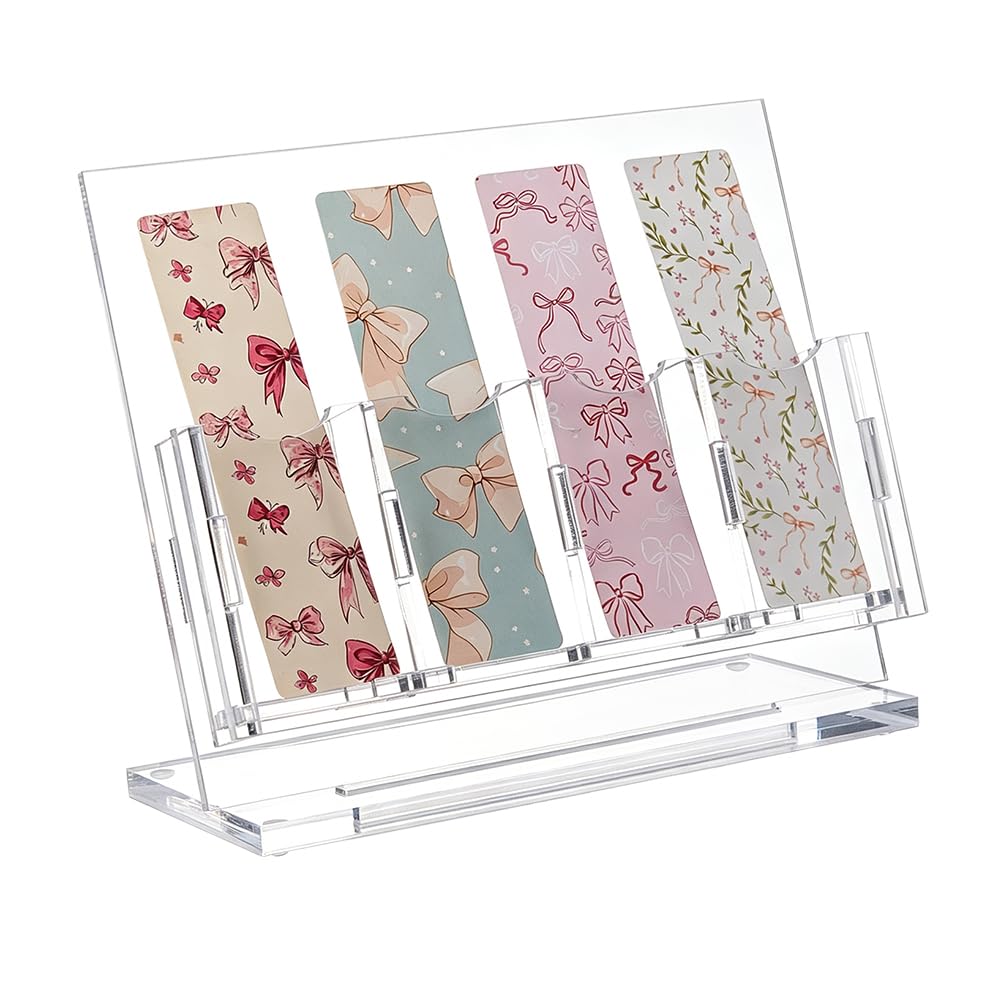 NBEADS Freestanding Acrylic Bookmark Display Holder, 4 Slots Clear Desktop Bookmark Organizer Stand DIY Assemble Acrylic Display Rack for Bookmarks Greeting Cards Stickers Retail Stores