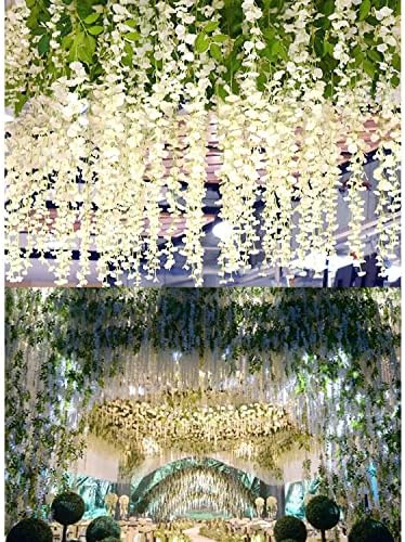 NITAIUN 12 Stems Artificial Flowers Fake Wisteria Garland Hanging Flower Silk Flower Wisteria Vine Decoration for Outdoor Indoor Home Kitchen Garden Wedding Ceremony Hotel Party Art Decor (White)