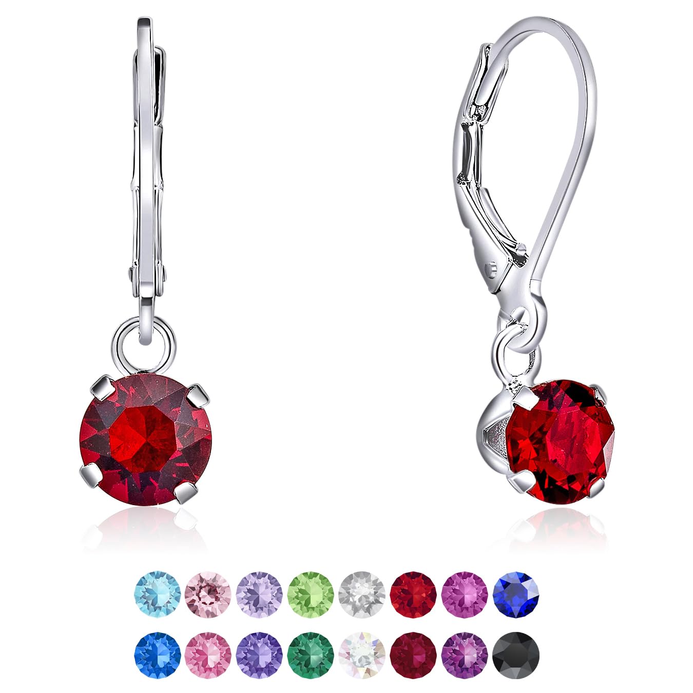 Silver Leverback Earrings - 925 Sterling Silver Dangle Earrings with Crystal Light Elements - Drop Earrings for Women - Crystal Earrings - Sparkly Earrings - Colourful Earrings for Women