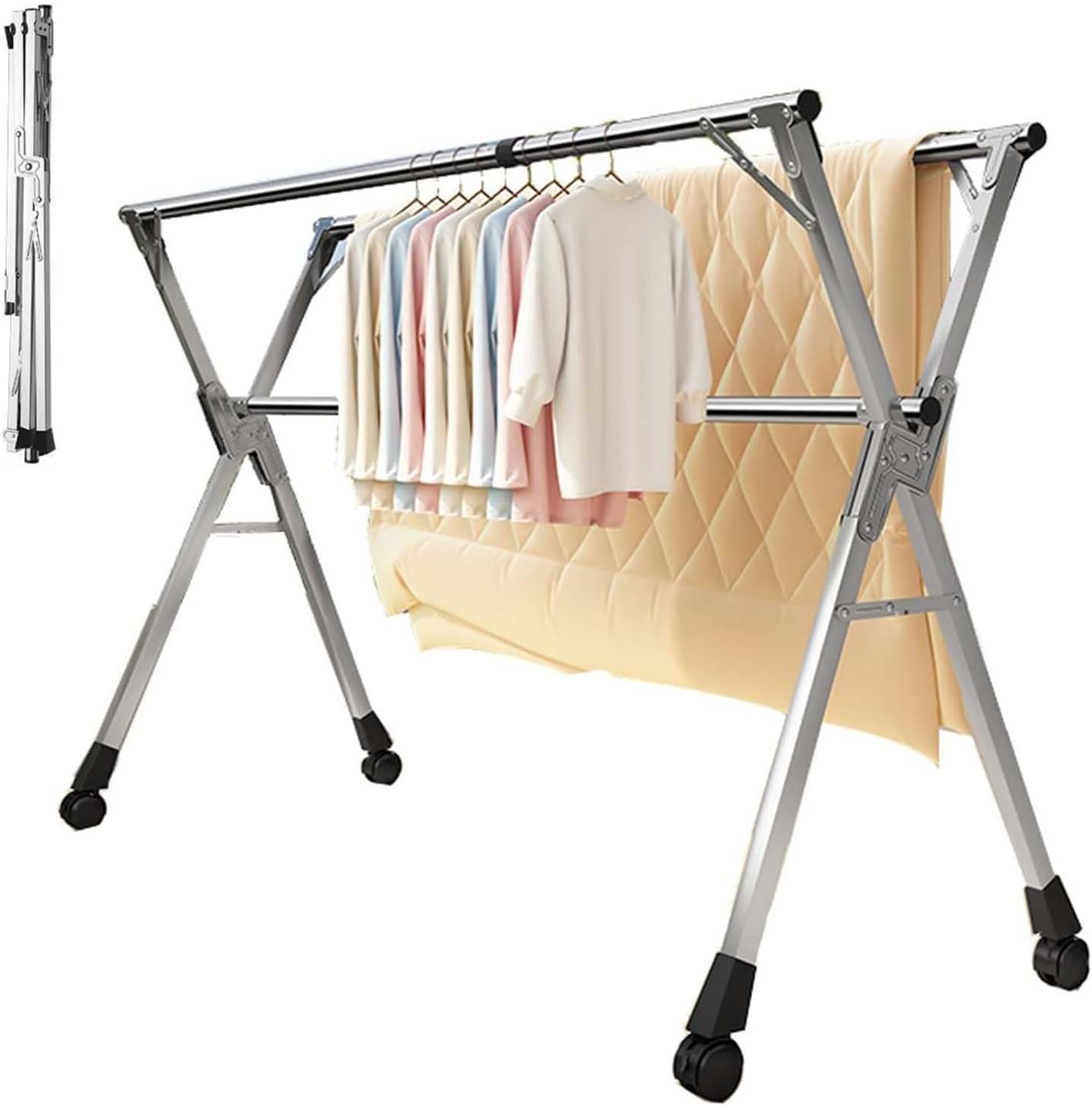 Heavy-Duty Stainless Steel Clothes Drying Rack 47in, Foldable & Retractable Laundry Hanger with 20 Hooks & 12 Clips, Ideal for Indoor/Outdoor Use, Space-Saving Balcony Solution