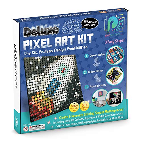 Pix Perfect Deluxe Pixel Art Kit (New Version) for Fans of Pixel Art, Crafts or Sequins. 18 Colors, 7,200+ Pieces, 50+ Design Ideas, Hours of Creative Fun!